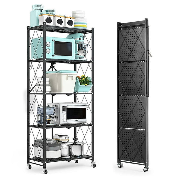5-Shelf Storage Shelving Units, Heavy Duty Metal Shelf on Wheels, Organize Your Space Efficiently with Collapsible Shelving, Perfect for Kitchen and Closet Storage, Black