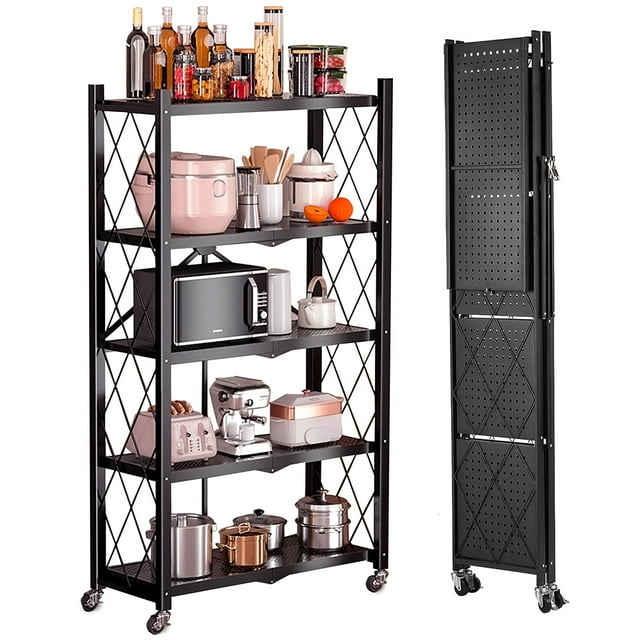 5-Tier Metal Storage Shelves with Wheels, Heavy Duty Foldable Garage Shelving Unit for Easy Organization, Ideal for Kitchen, Garage, and Basement, Black