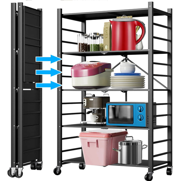 5-Tier Storage Shelf Rack, Heavy Duty Metal Shelf , Foldable Storage Shelving Unit with Wheels, Garage Shelf, Metal Storage Rack, Kitchen Shelf