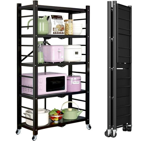 5-Tier Storage Shelving Unit, Metal Shelf, Foldable Storage Shelf with Wheels, Garage Shelf, Kitchen Shelf, 397lbs Capacity, Black