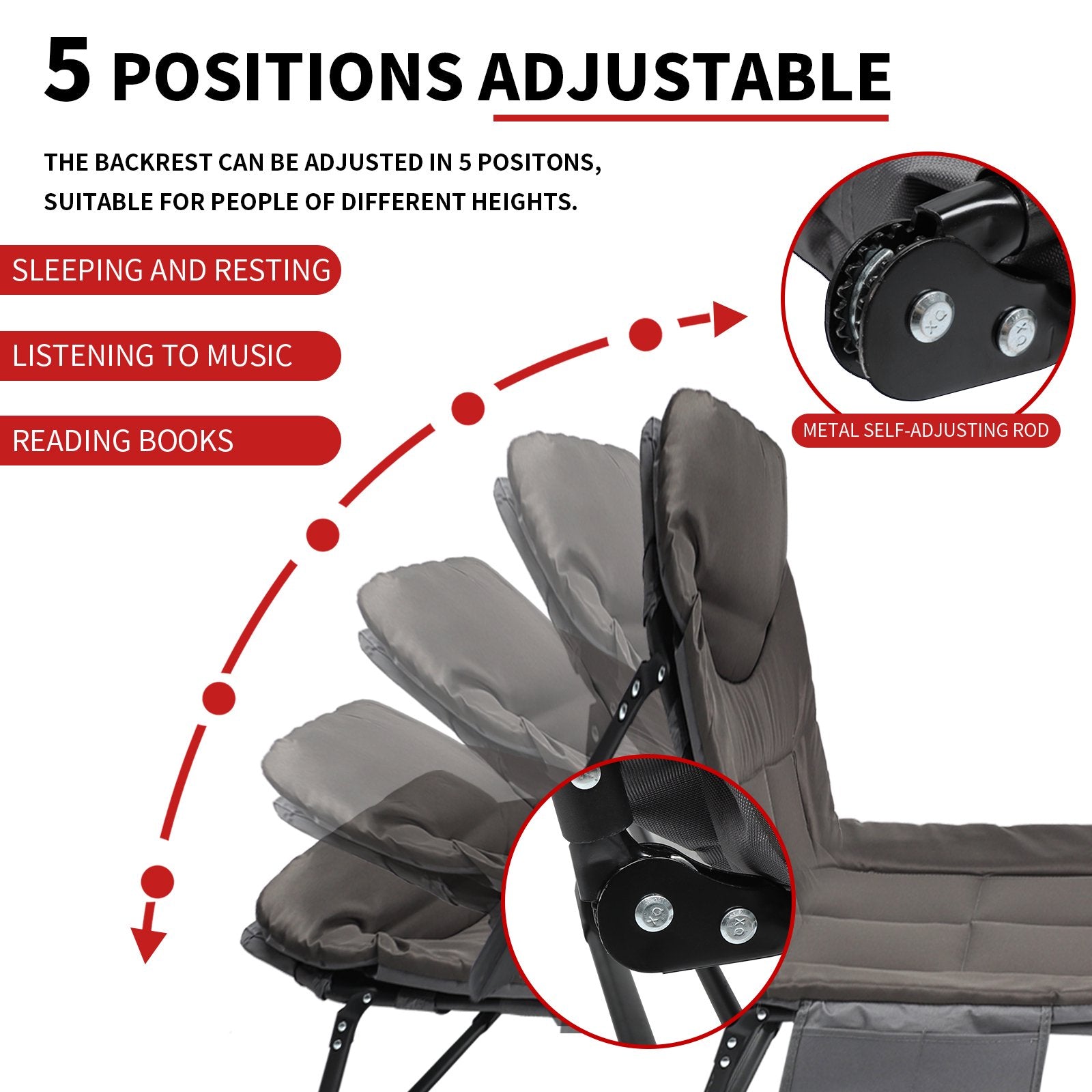 Folding Camping Cot Bed , 78.7"*26.8" Adjustable 5-Position Folding Chaise Lounge Chair, Portable Guest Bed & Outdoor Folding Sleeping Cots Bed for Home, Office, Camping, Indoor, Outdoor