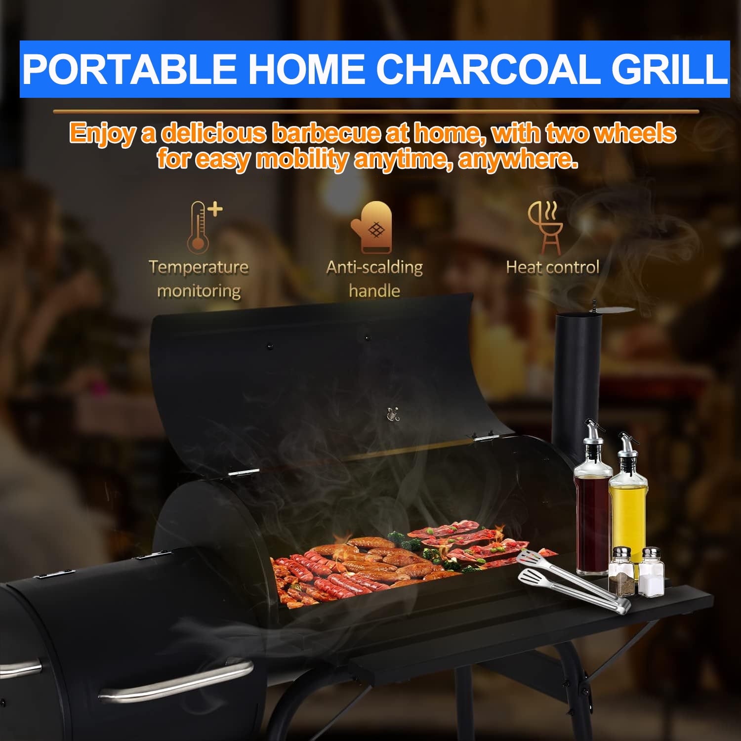 Camkey Charcoal Grill with Offset Smoker, 45.28 Inches Length Portable Barbecue Gril, Outdoor Barbecue Grill for Picnic Camping Patio Backyard, Black