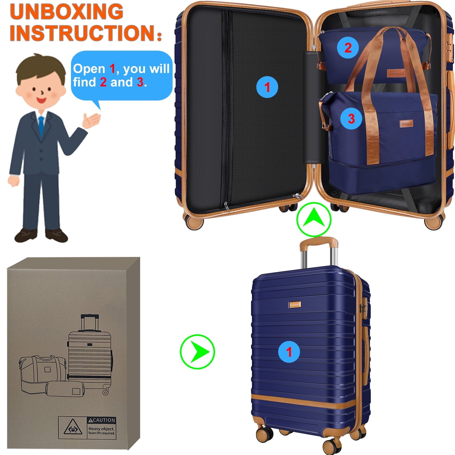 Camkey 20 in 3 Piece Hardside Spinner Carry On Luggage with Travel Duffel Bag, Deep Blue
