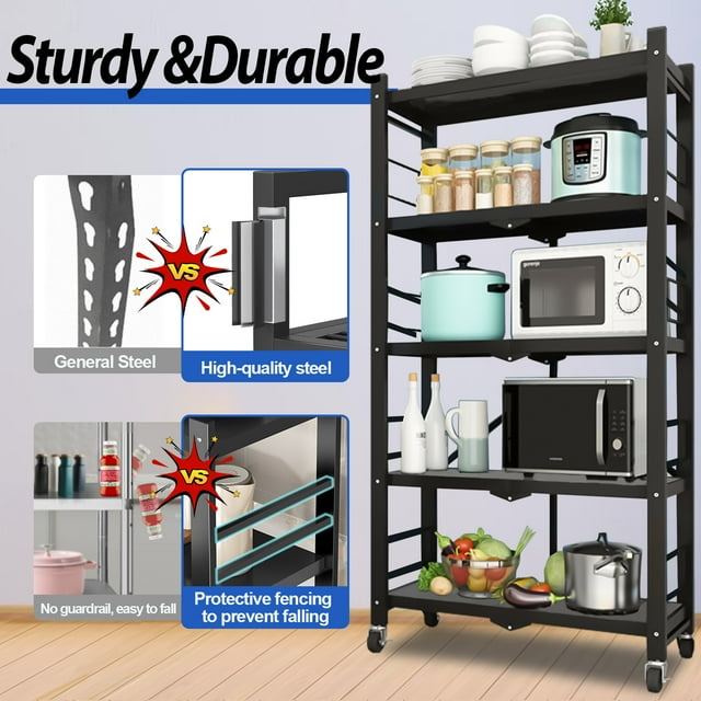 5-Shelf Storage Shelving Units, Heavy Duty Metal Shelf on Wheels, Organize Your Space Efficiently with Collapsible Shelving, Perfect for Kitchen and Closet Storage, Black