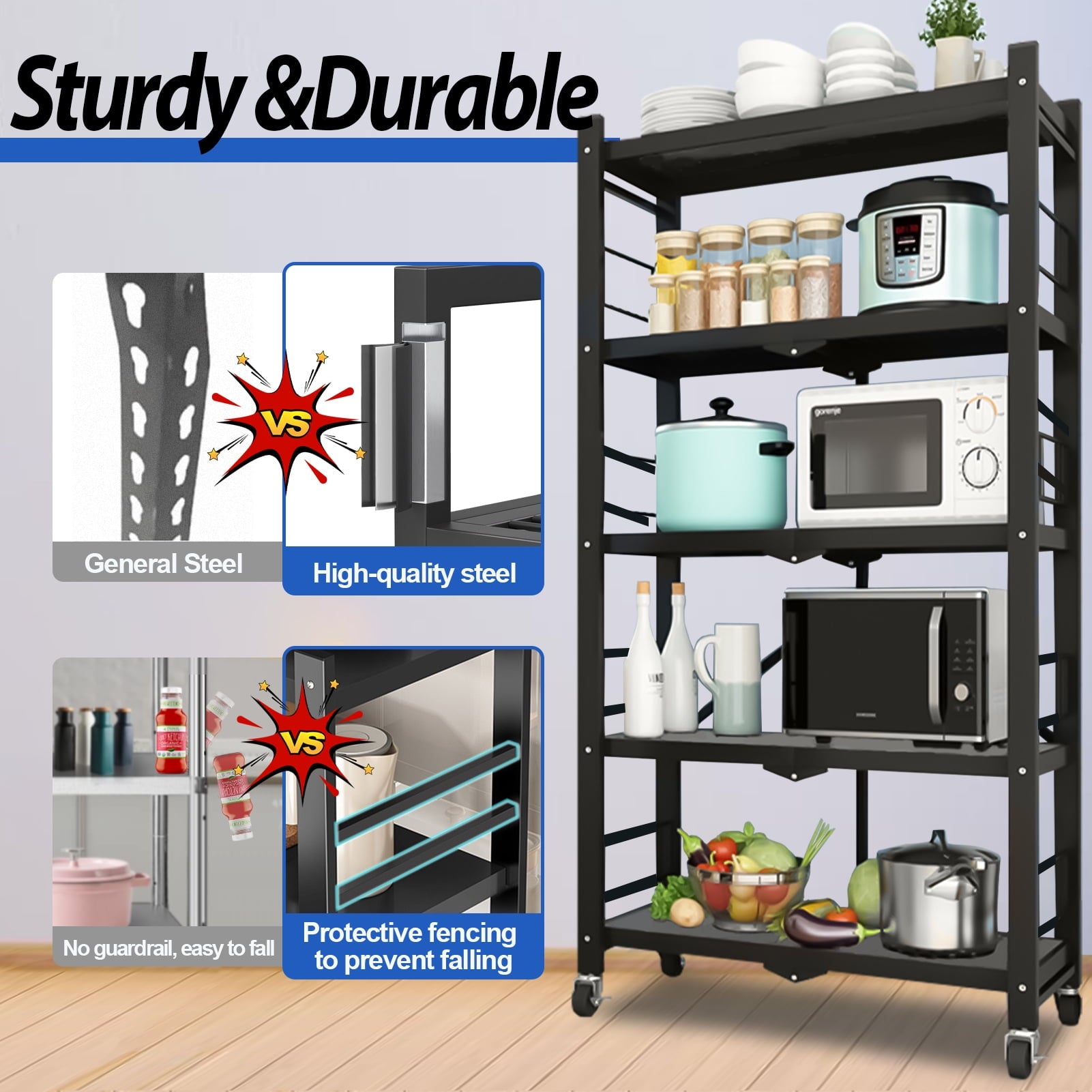 Foldable 5-Tier Metal Rack Shelving Unit, Heavy Duty Garage Storage Shelves, Easy to Move with Wheels, Ideal for Kitchen, Basement, and Pantry Organization, Black