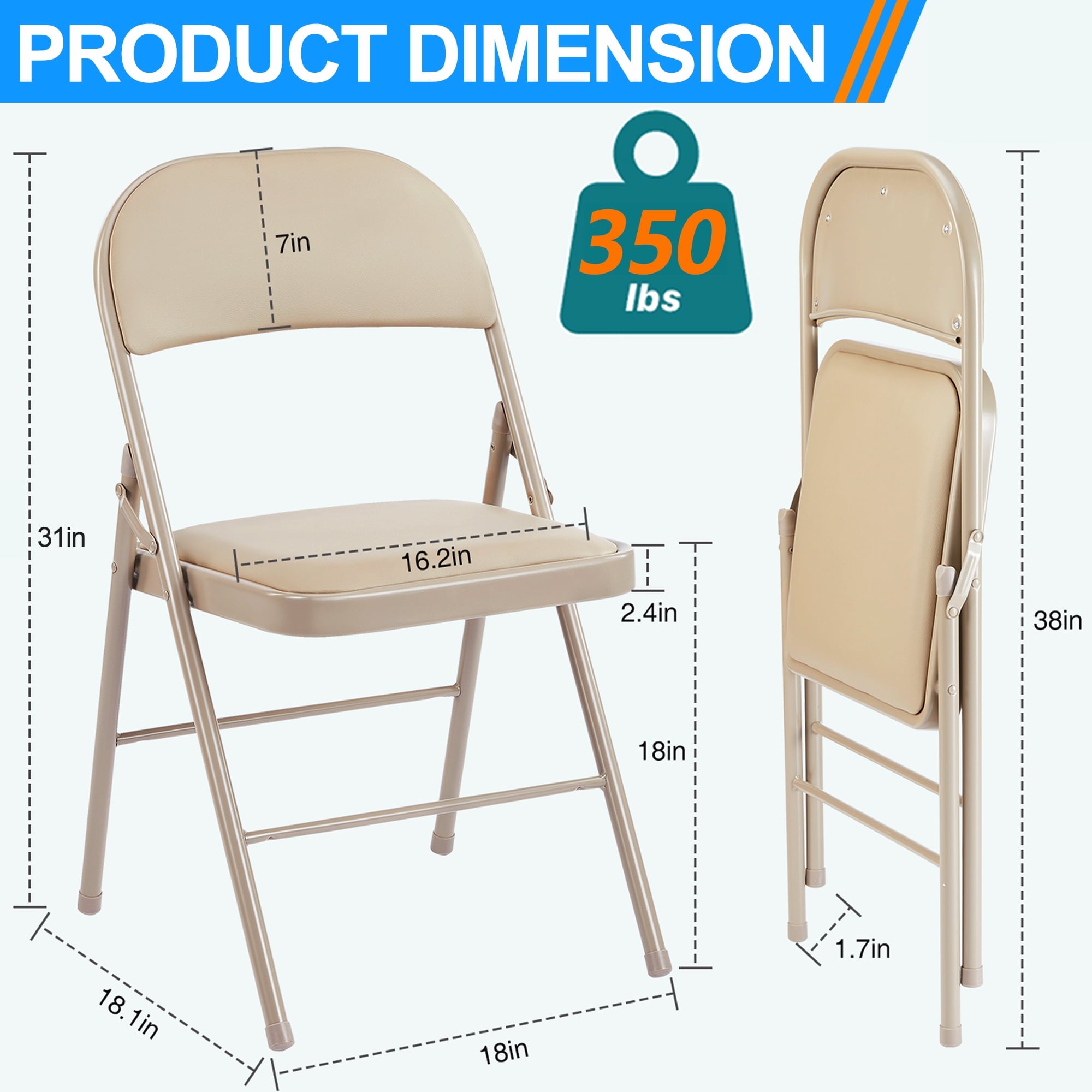 Vinyl Padded Folding Chair (4 Pack), khaki