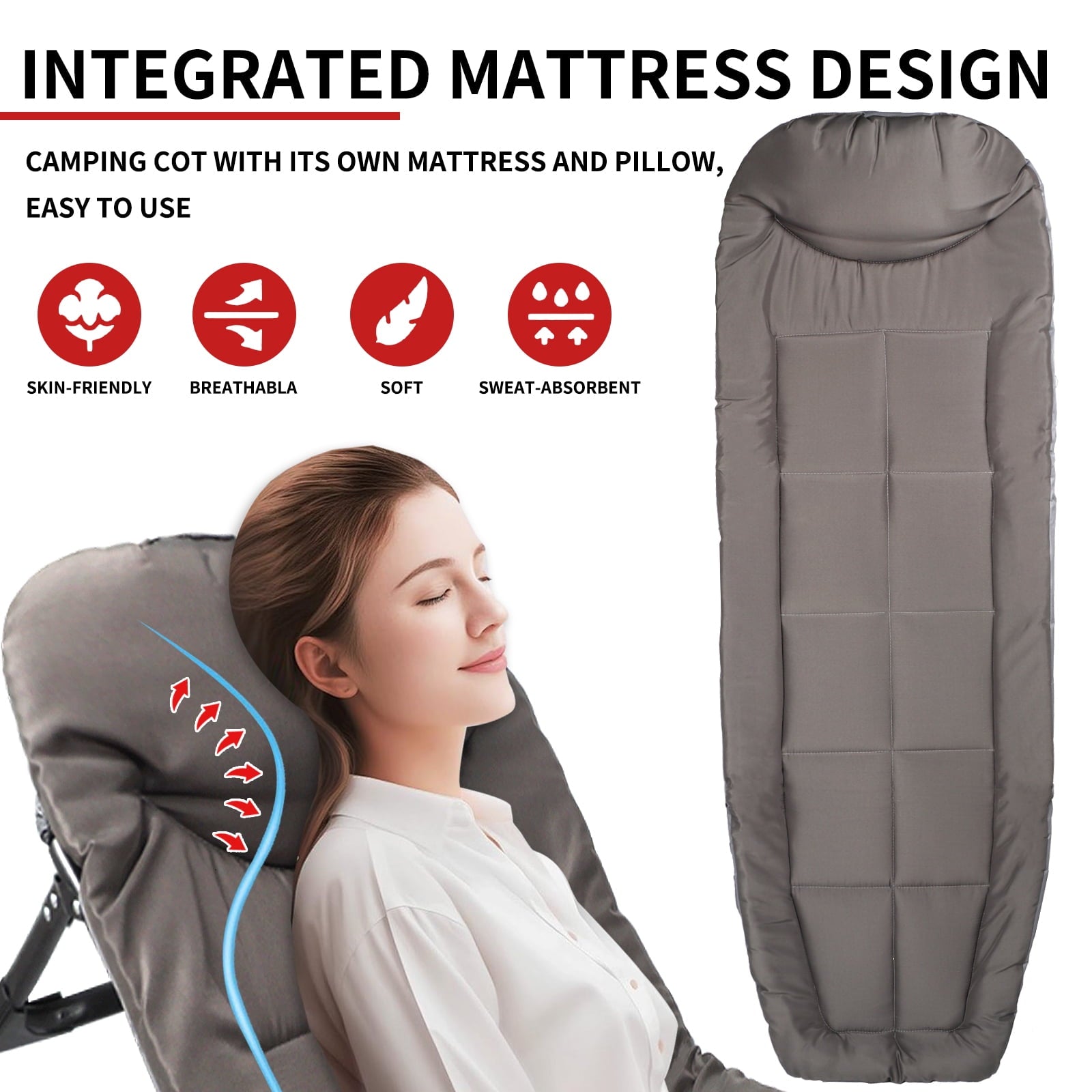 Folding Camping Cot Bed , 78.7"*26.8" Adjustable 5-Position Folding Chaise Lounge Chair, Portable Guest Bed & Outdoor Folding Sleeping Cots Bed for Home, Office, Camping, Indoor, Outdoor