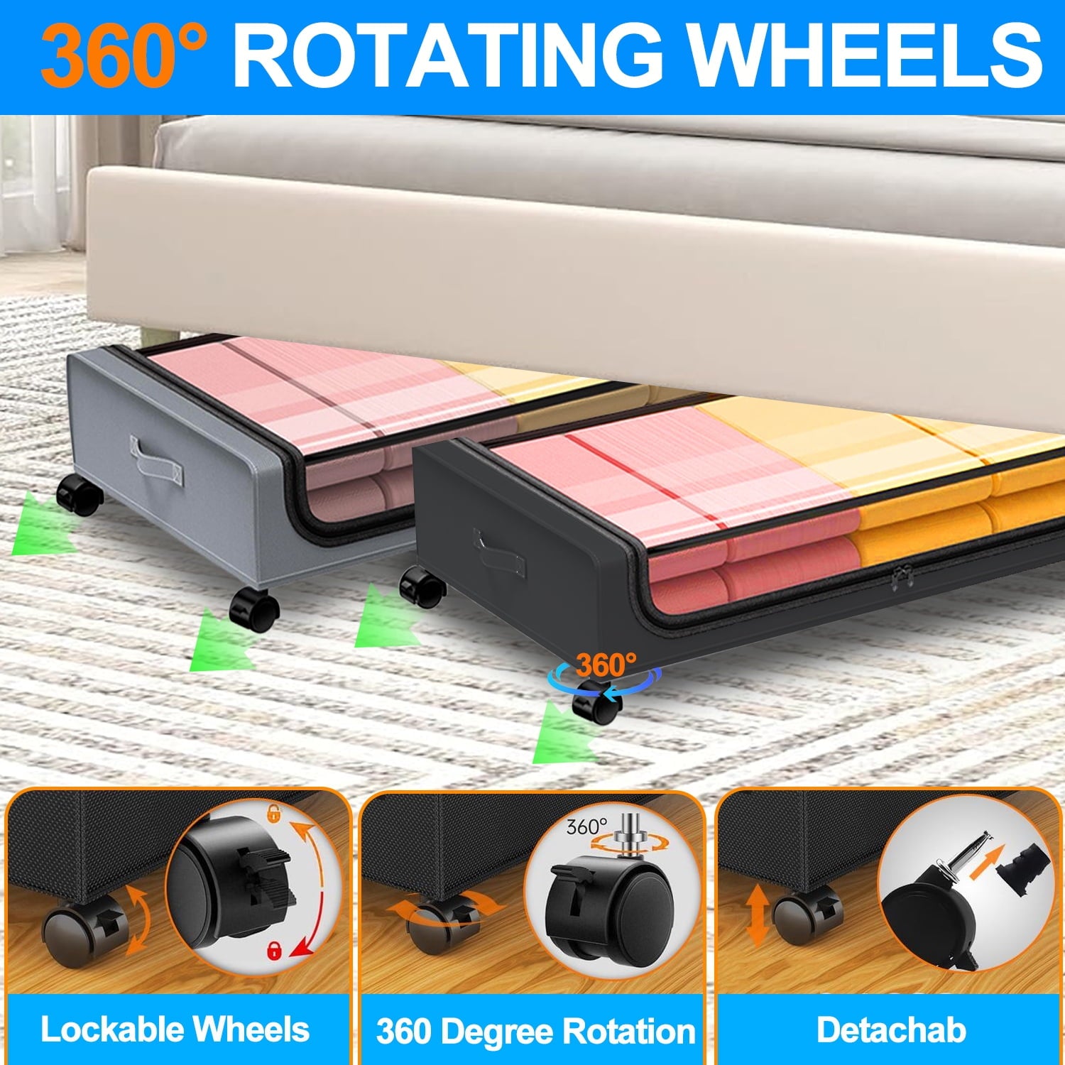 Under Bed Storage with Wheels, 2Pack Under Bed Storage Containers, Under Bed Shoe Storage Organizer, Rolling Under Bed Metal Drawer for Clothes, Blankets