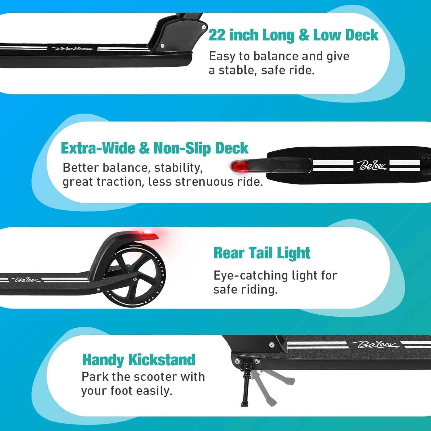 Foldable Scooter -200mm Big Wheels 4 Levels Height Adjustable for Kid, Teens & Adults - Unisex, Black