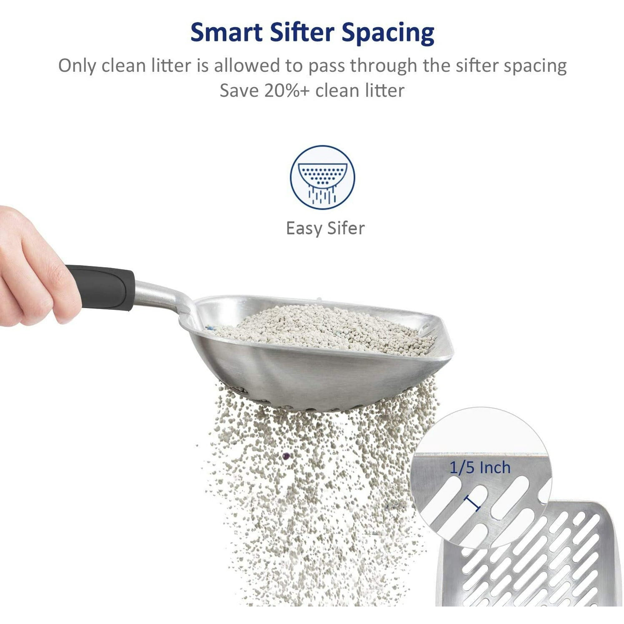 Cat Litter Scoop, Aluminum Alloy Sifter, Deep Shovel Poop Sifting with Long Handle, Pooper Lifter Works with All Type of Cat Litter, Metal Kitty Litter Scooper for Litter Box with Holder