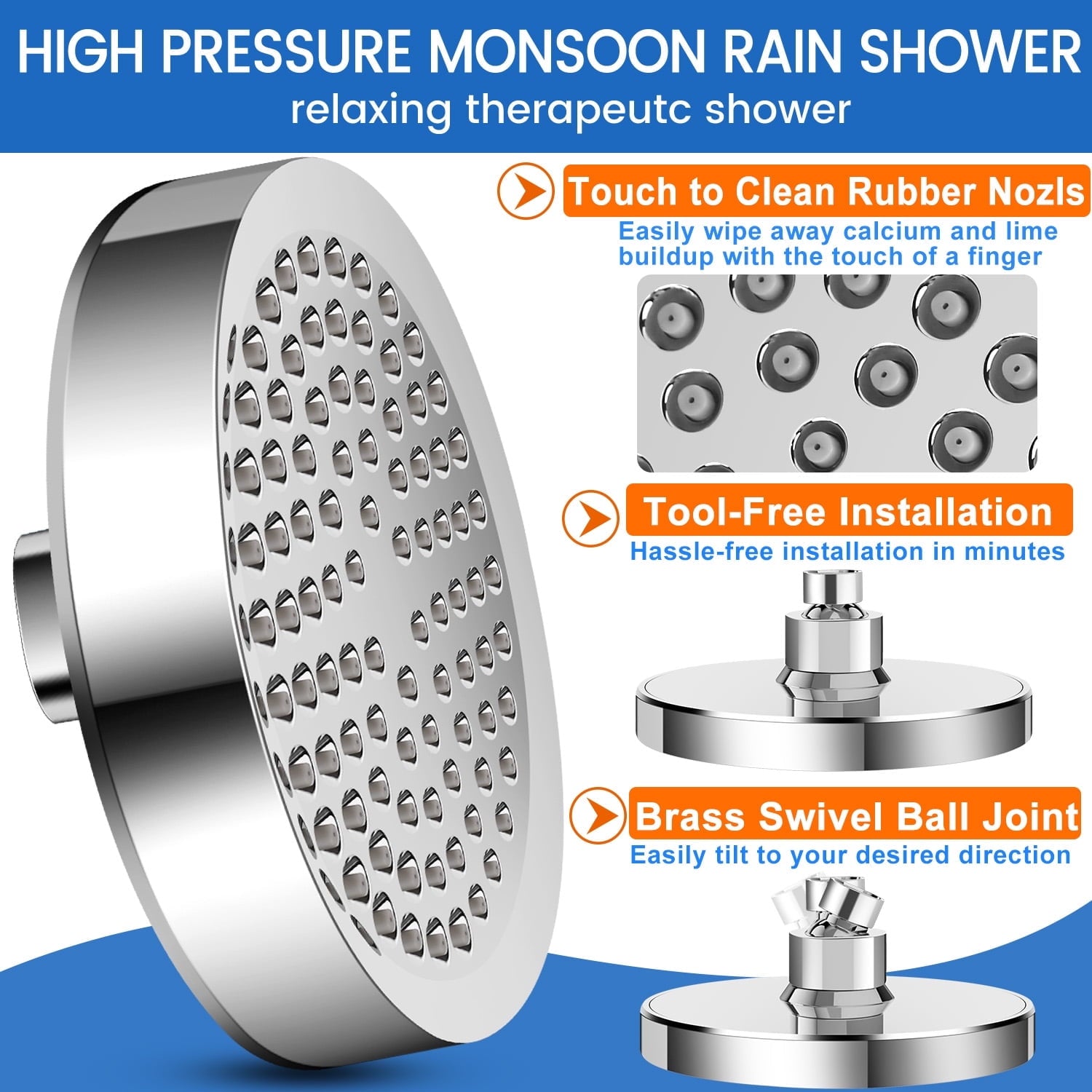 Shower Head, 6" High Pressure Rain Showerhead, Adjustable Chrome Rain Shower Heads