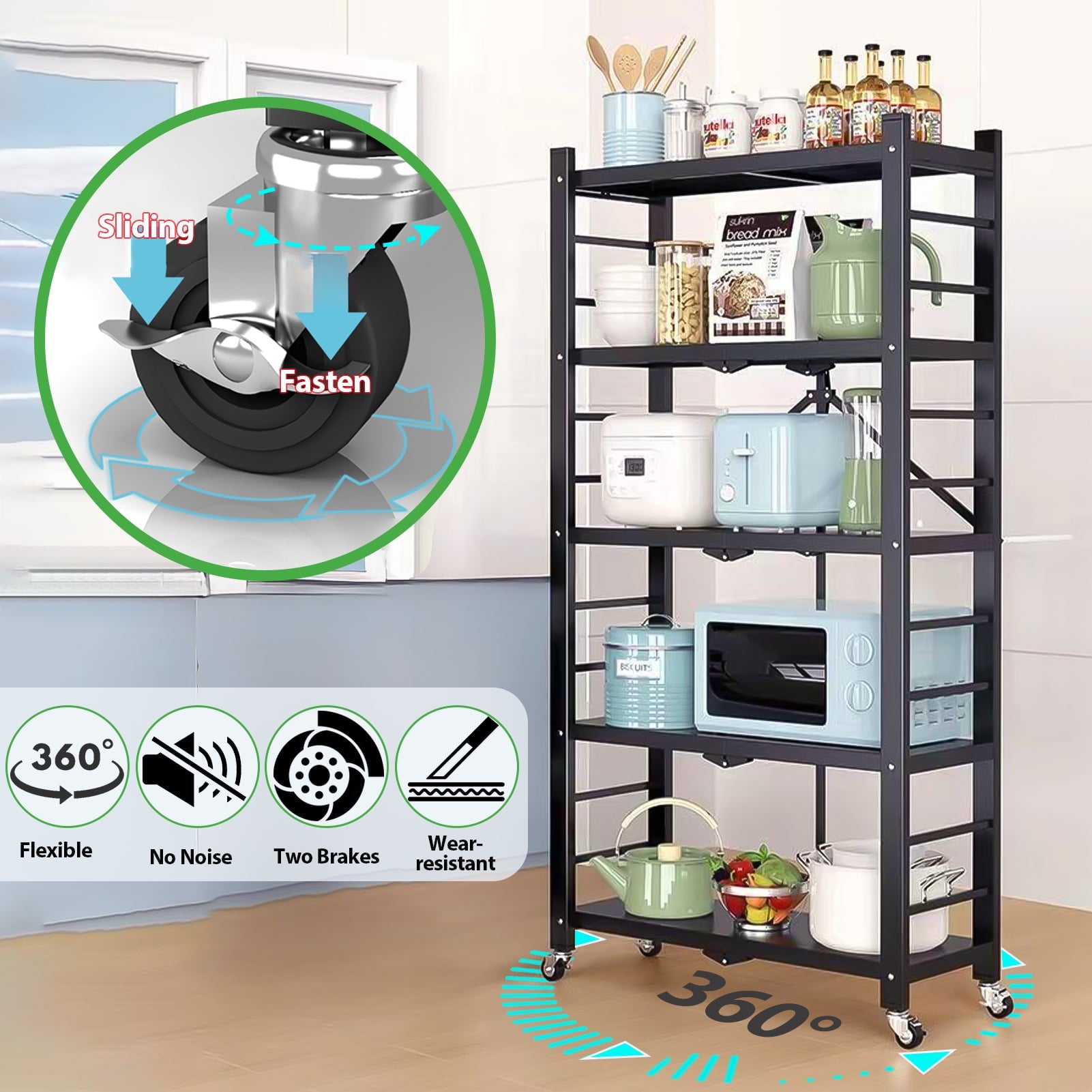 Camkey 5-Tier Heavy Duty Metal Shelving, Foldable with Wheels, No Assembly