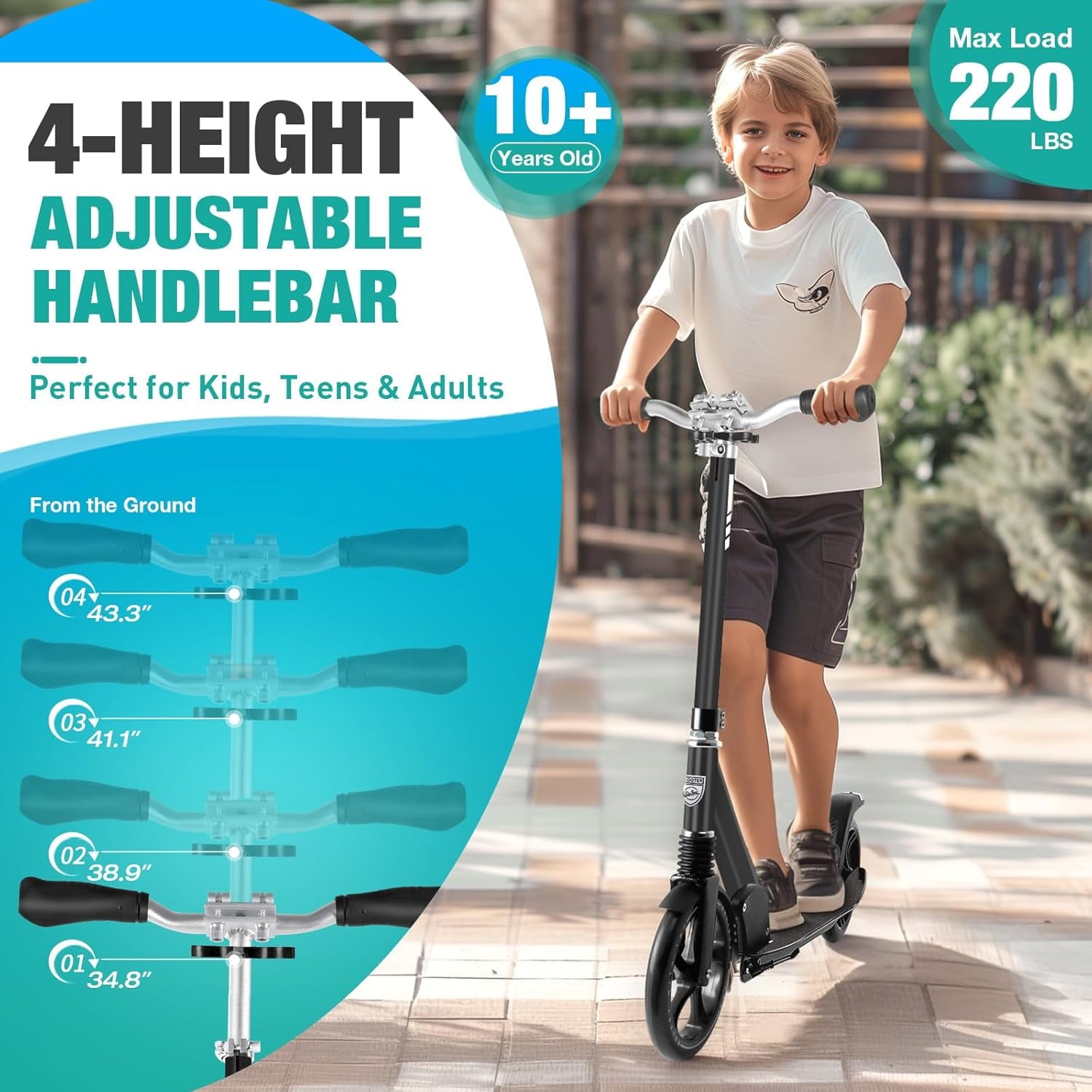 Foldable Scooter -200mm Big Wheels 4 Levels Height Adjustable for Kid, Teens & Adults - Unisex, Black