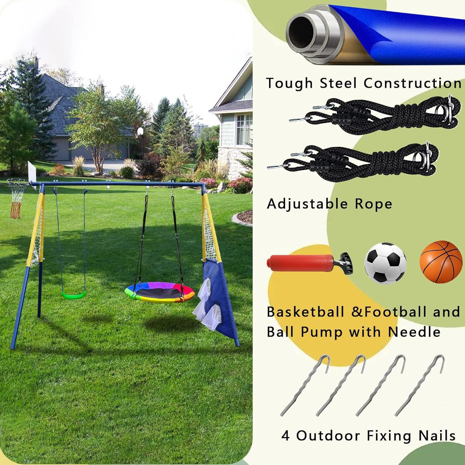 Swing Set for Backyard, Swing Sets with Basketball Hoop & Soccer Goal, A-Frame Metal Swing Stand