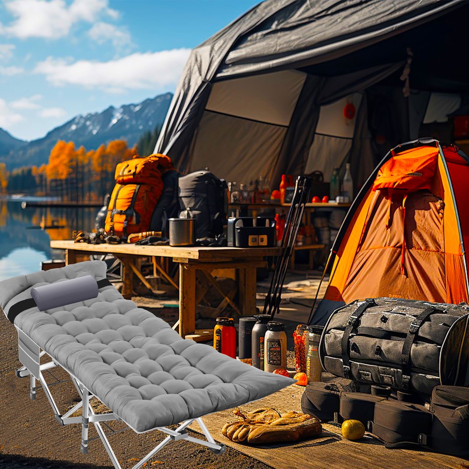 Durable Folding Camping Cot with Mattress for Adults - Portable 1200D Oxford Foldable Bed with Carry Bag - Ideal Sleeping Cot for Camping, Outdoor Travel, Grey