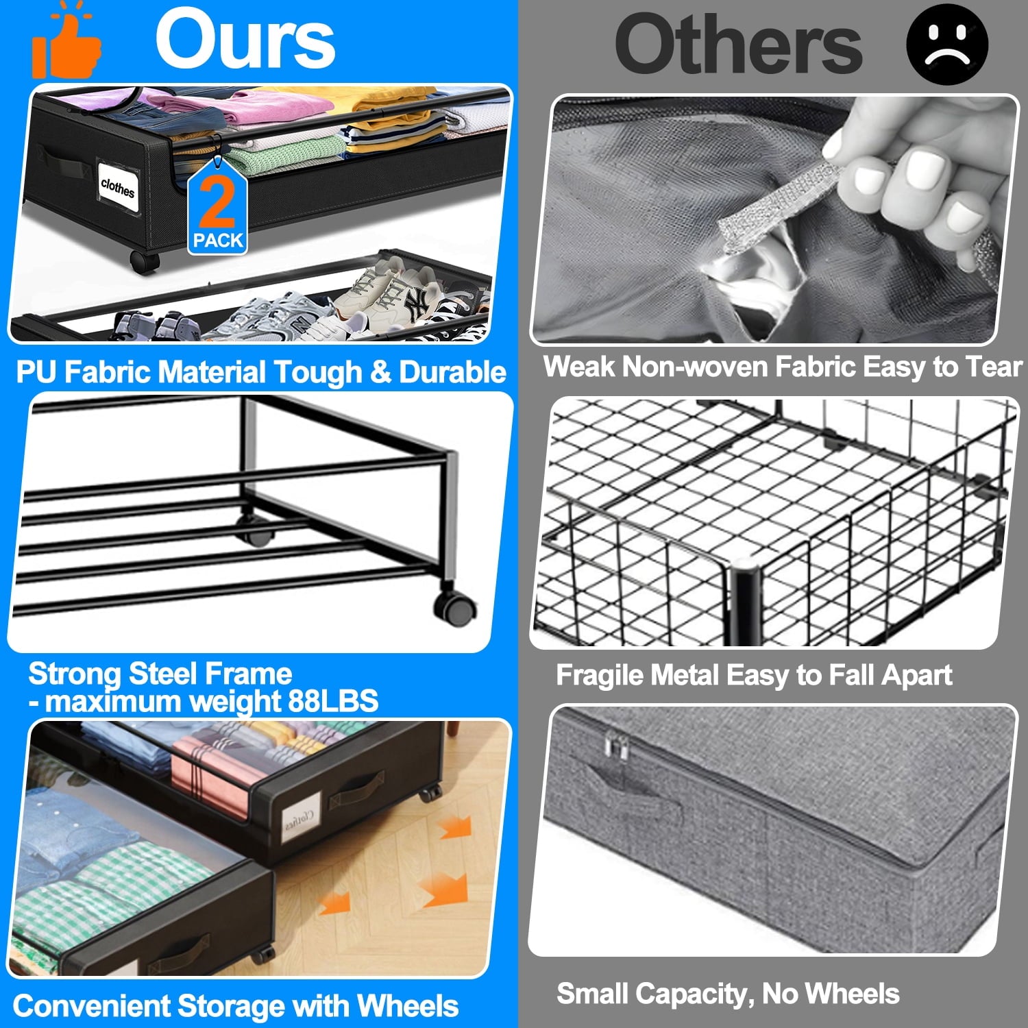 Under Bed Storage with Wheels, 2 Pack Under Bed Storage Containers with Dividers & Clear Lids, Under the bed storage Organizer Bins, Underbed Storage with Wheels for Clothes