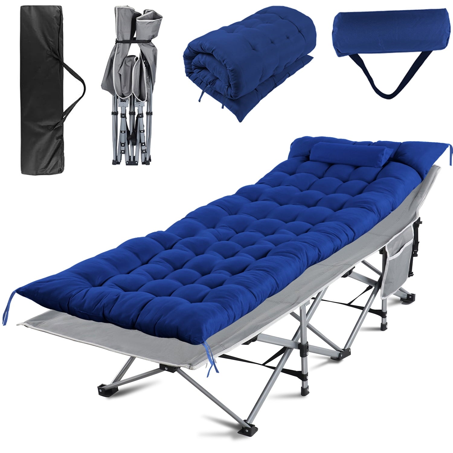 FanJi Folding Bed Cot with Pillow, 3.3 Inch 2 Sided Mattress, 75"* 28" Folding Sleeping Cot Guest Bed, Folding Camping Cots with Carry Bag,Dark Blue