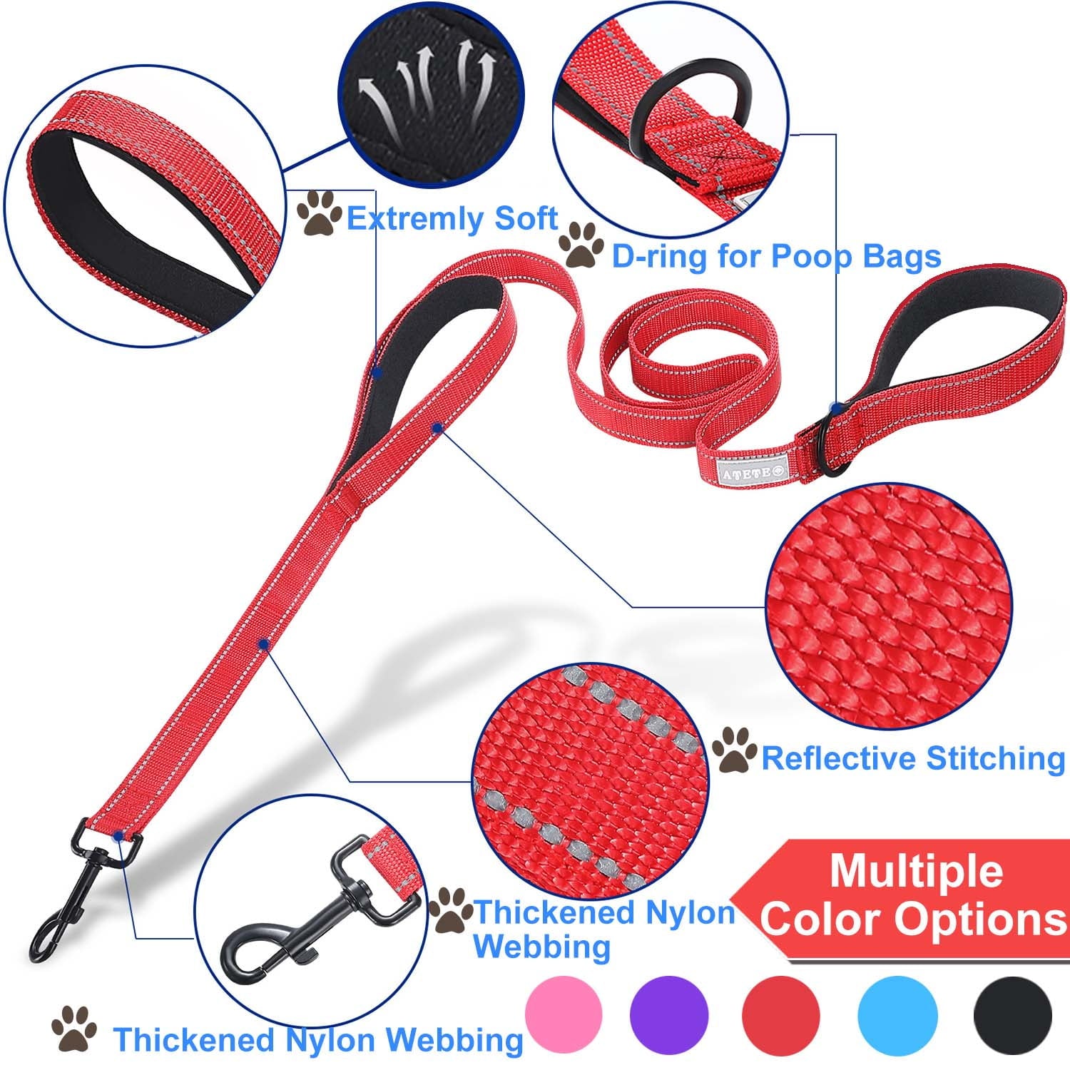 Dog Leash, Reflective Nylon Dog Lead with Two Padded Handles, Dog Leash for Training & Walking Perfect