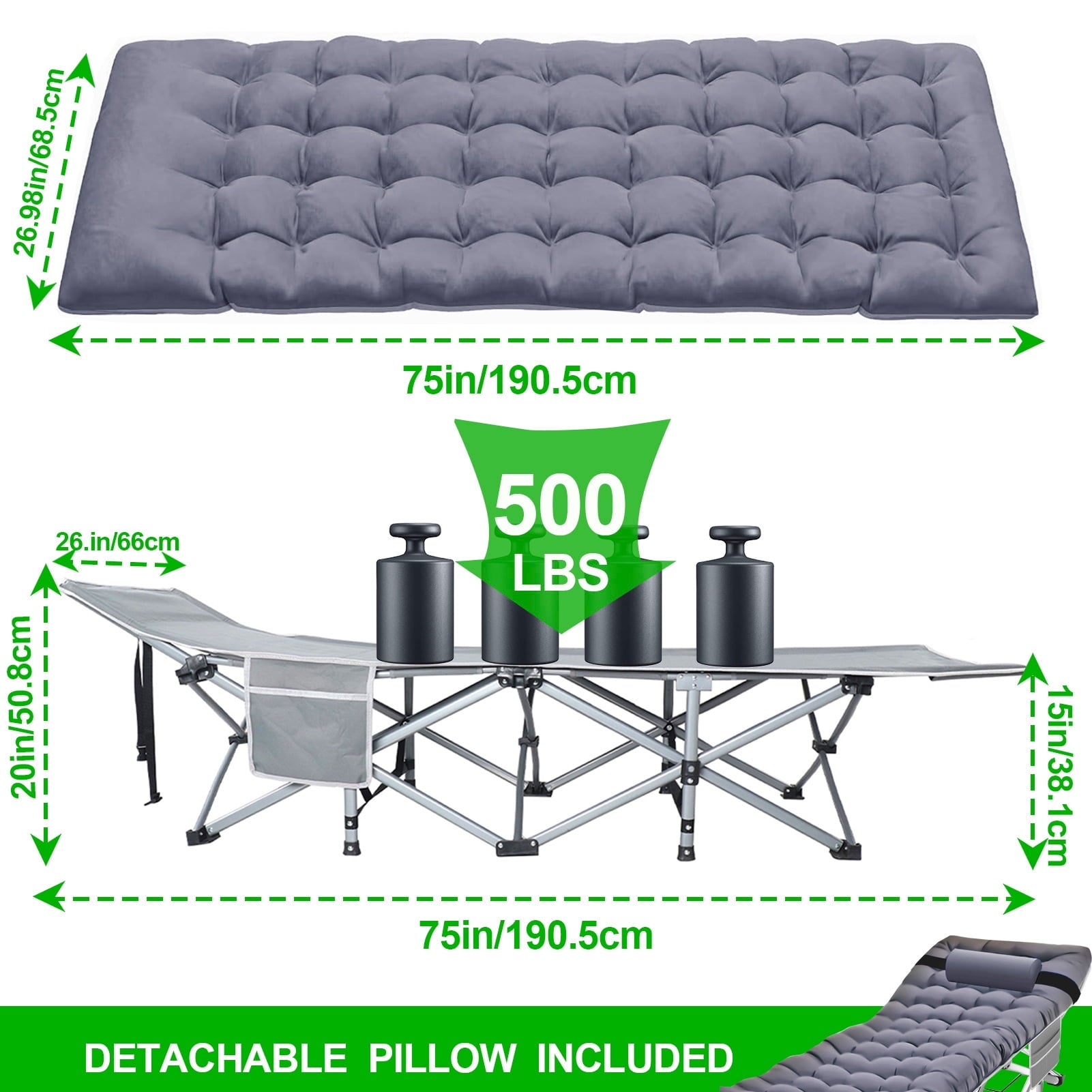 Durable Folding Camping Cot with Mattress for Adults - Portable 1200D Oxford Foldable Bed with Carry Bag - Ideal Sleeping Cot for Camping, Outdoor Travel, Grey