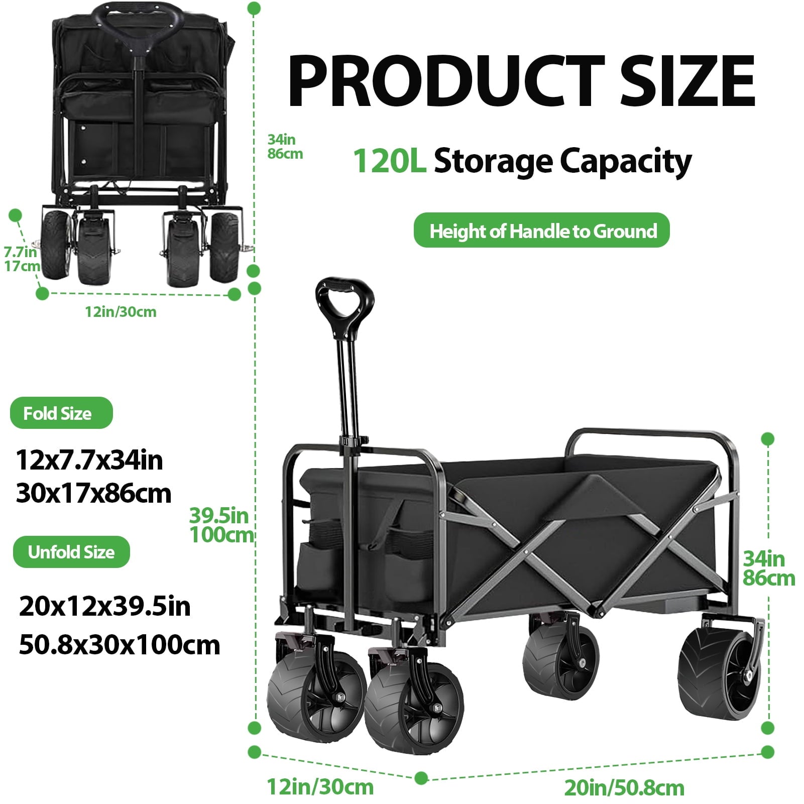 Portable Foldable Wagon Cart, Heavy Duty Beach Cart with 350LBS Large Capacity for Grocery, Shopping, Camping, and Garden - All Terrain Wheels, Collapsible Design, Black