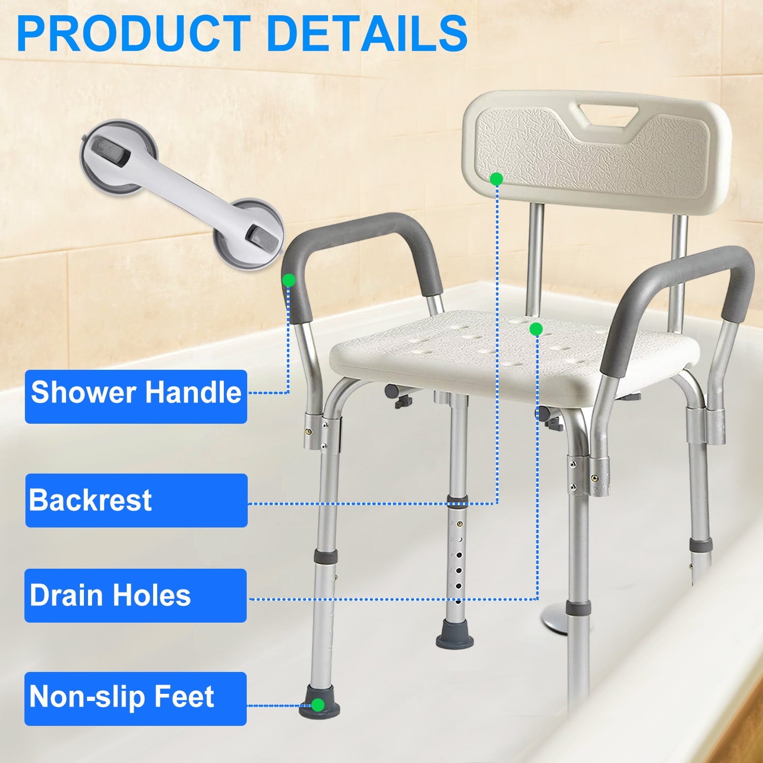 GAZILY Bath Shower Stool Adjustable Height Aluminium Shower Chair for Bathing Showers and Tubs Safety, White