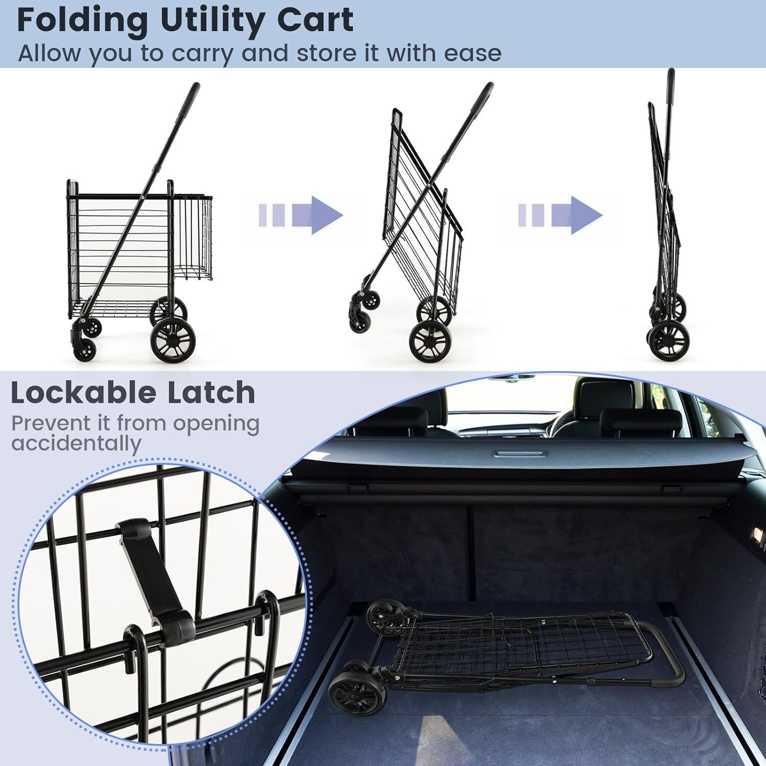 Folding Shopping Cart Jumbo Basket Rolling Utility Trolley Adjustable Handle New