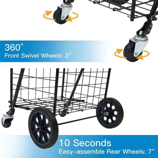 HKEEY Folding Jumbo Shopping Cart Rolling Utility Cart Grocery Cart With Adjustable Handle & Dual Swivel Wheels