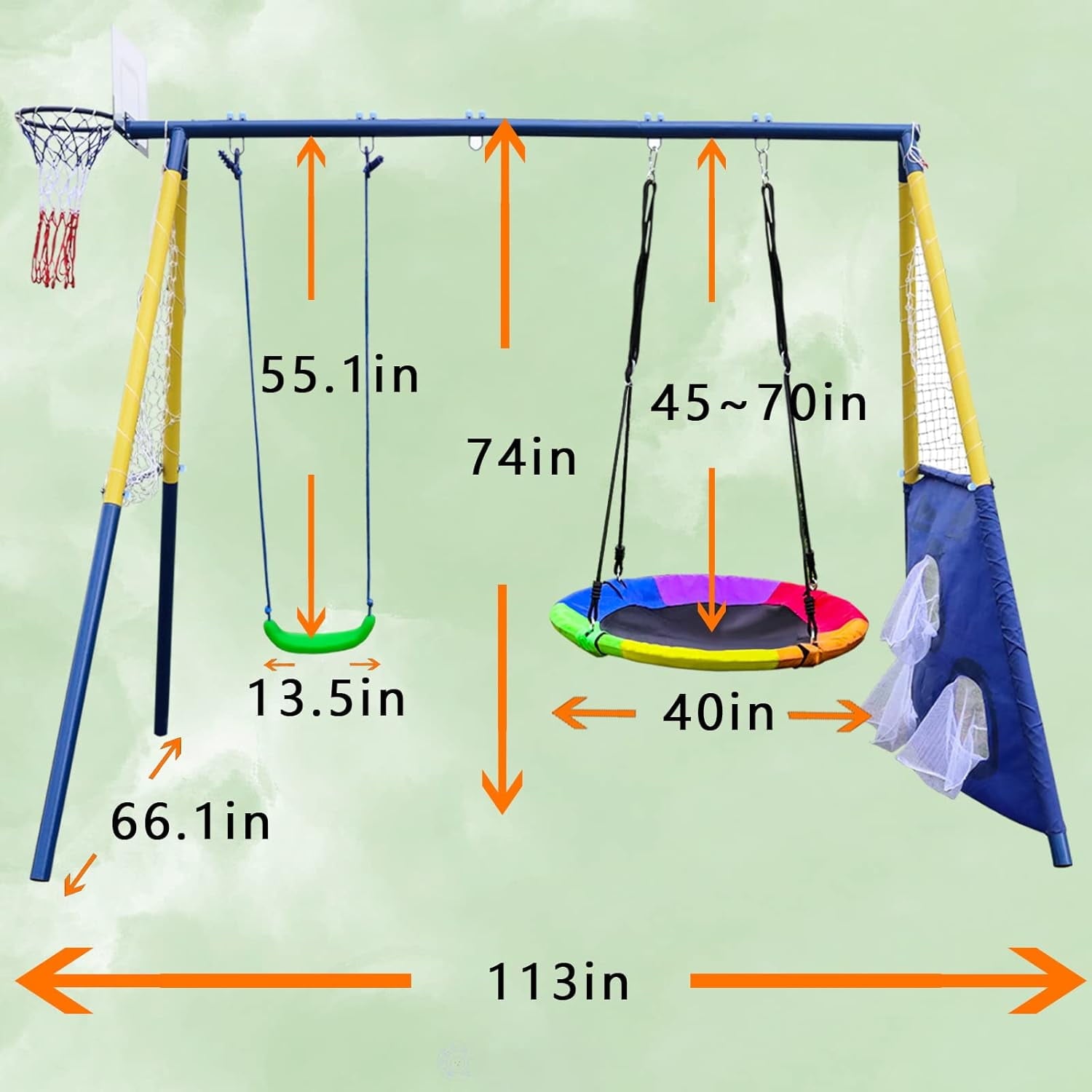 Swing Set for Backyard, Swing Sets with Basketball Hoop & Soccer Goal, A-Frame Metal Swing Stand