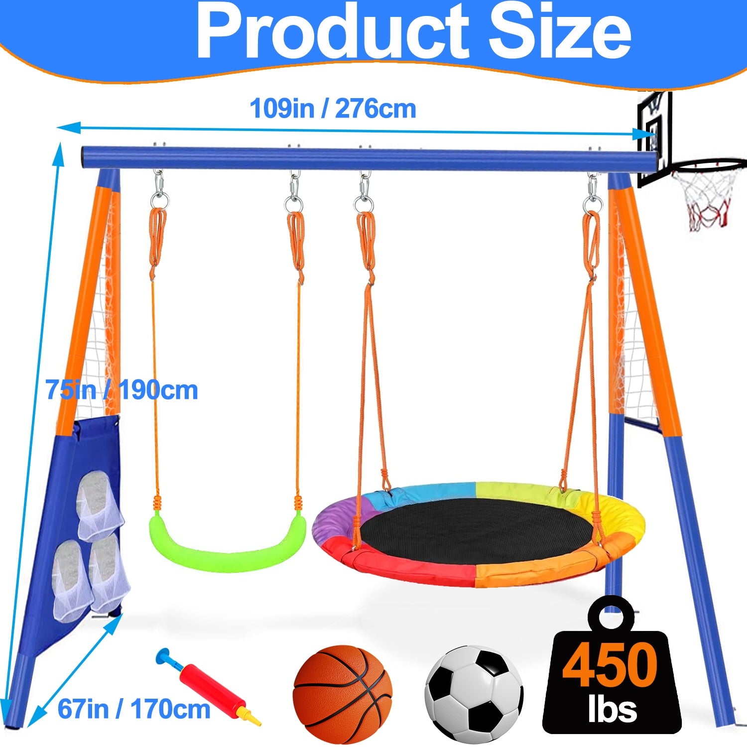 Swing Sets for Outside,A-Frame Swing Set with Basketball Hoop & Soccer Goal