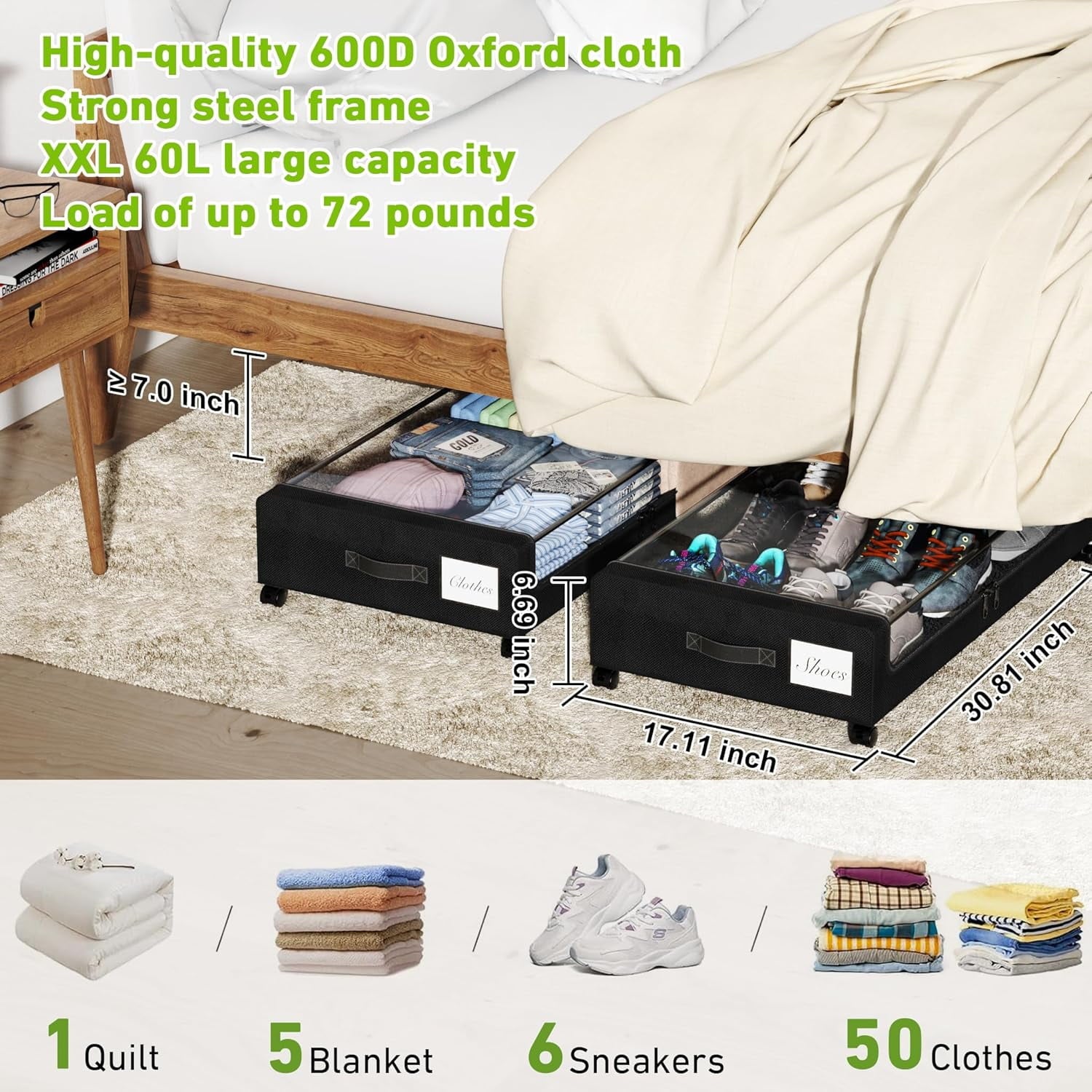 Under Bed Storage with Wheels, 2 Pack Under Bed Storage Containers with Clear Lid and Handles, Under Bed Storage Organizer Bins & Underbed Storage with Wheels for Clothes, Blankets, Shoes, Books