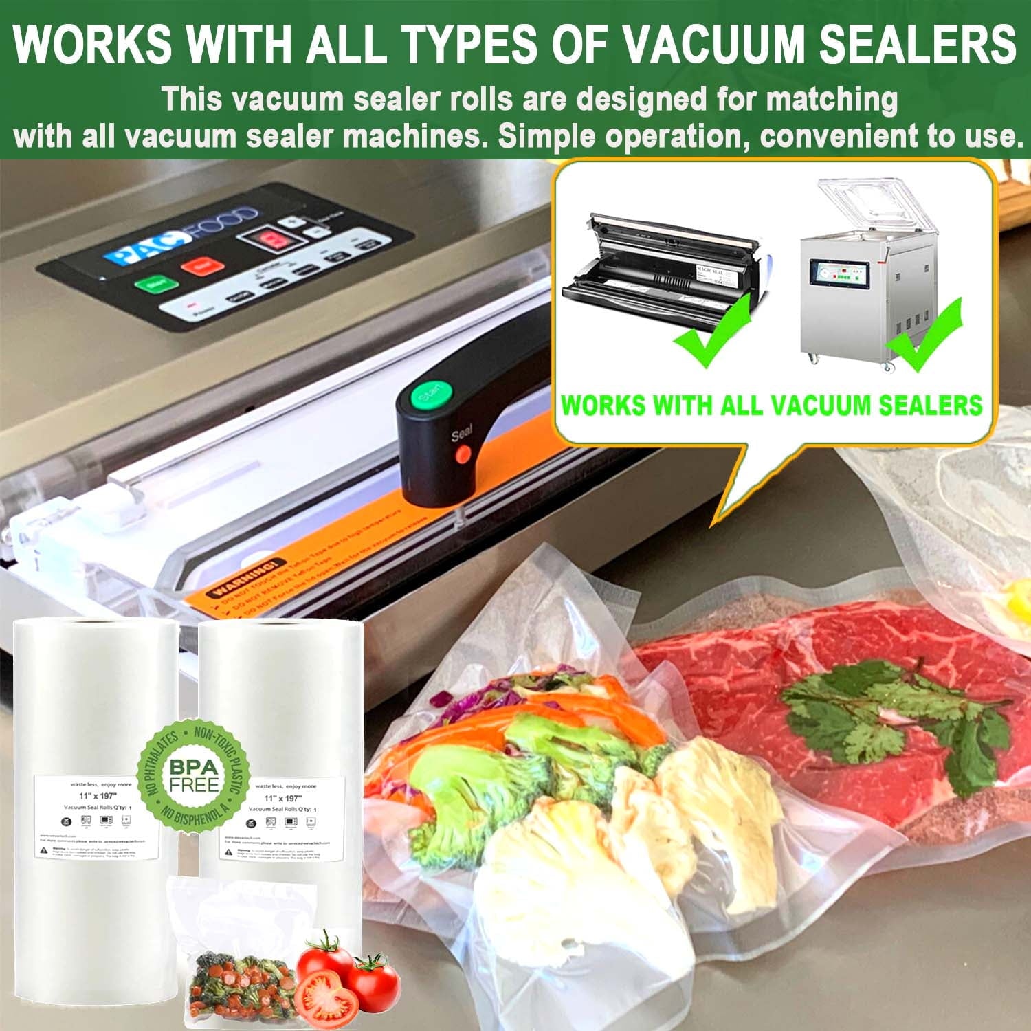 2 Pack Vacuum Sealer Bags 11" x 197" Rolls for Food Storage Saver