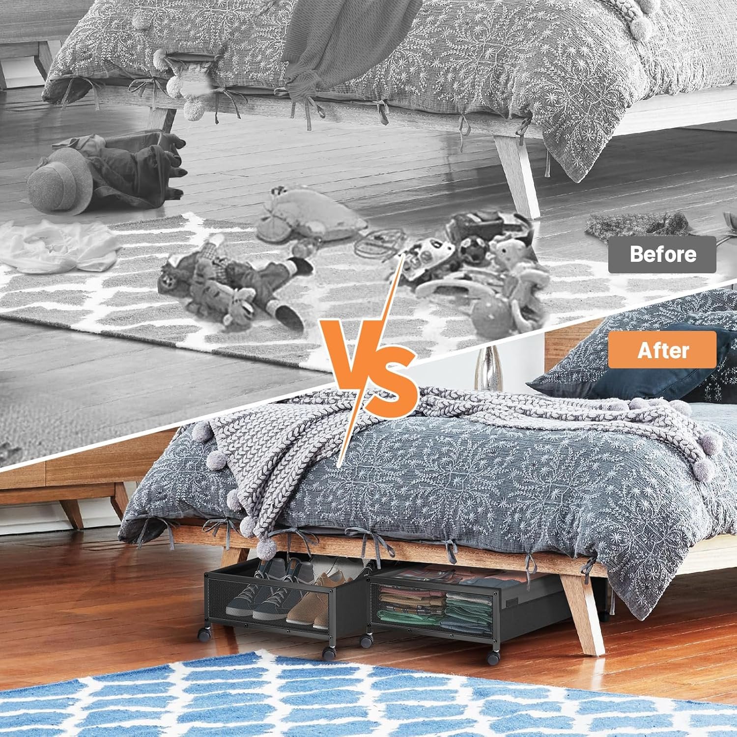 Under Bed Storage with Wheels, 2 Pack Under Bed Storage Containers with Clear Lids & Dividers, Underbed Storage Organizer & Underbed Storage with Wheels for Clothes, Blankets, Shoes, Books