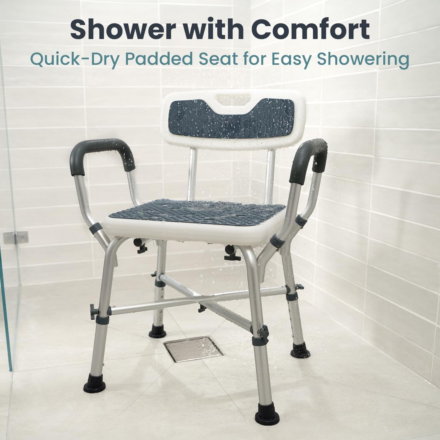 Bath Shower Chair Shower Stool with Shower Grab Bar, Height Adjustable Bath Bench, Support 350 lbs for Seniors, Elderly, Disabled, White