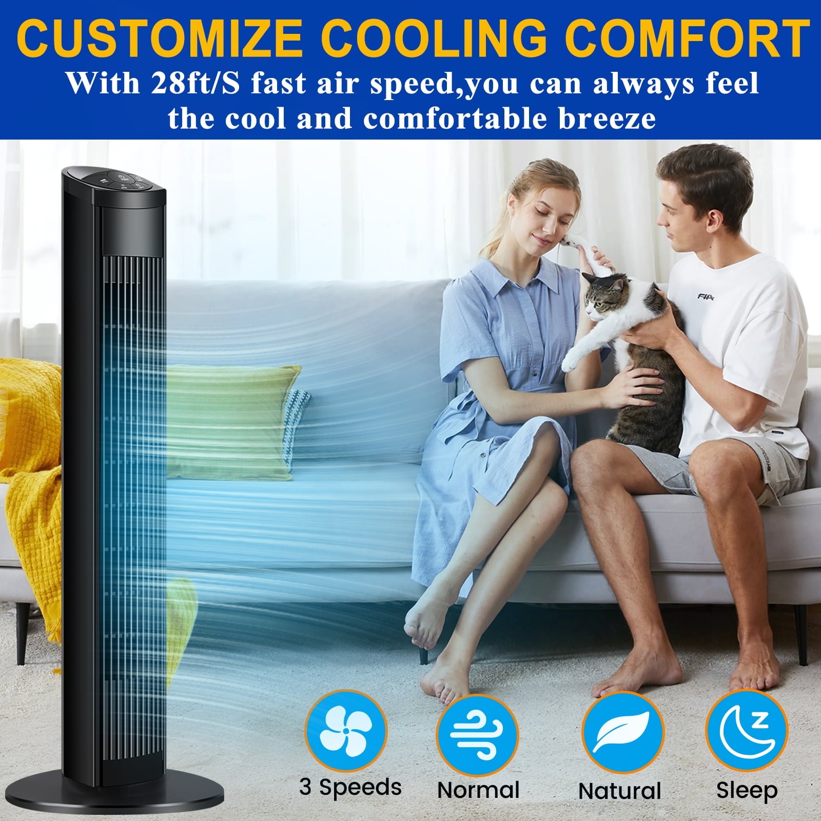 Tower Fan, 36" Quiet Floor Fans, 3-Speed, 15H Timer, LED Display, Oscillating Portable Standing Fans for Bedroom & Office