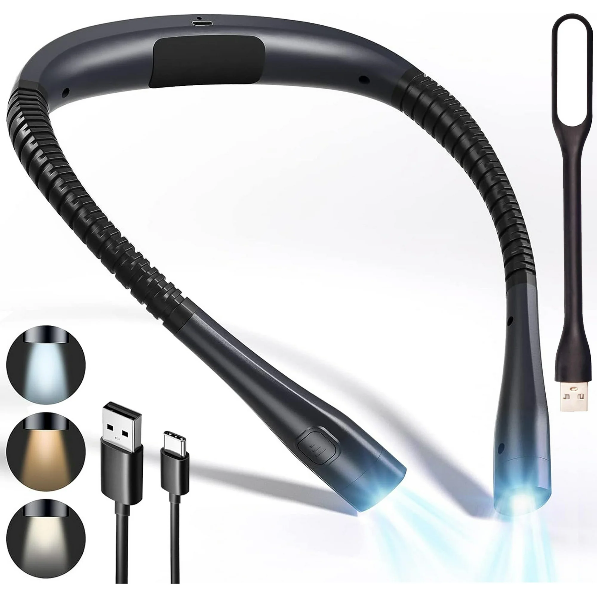 Upgraded LED Neck Reading Light, Book Light for Nighttime Reading, with 3 Colors and 3 Brightness Levels, Rechargeable Neck Lamp Up to 80 Hours for Reading, Knitting Camping Repairing Black