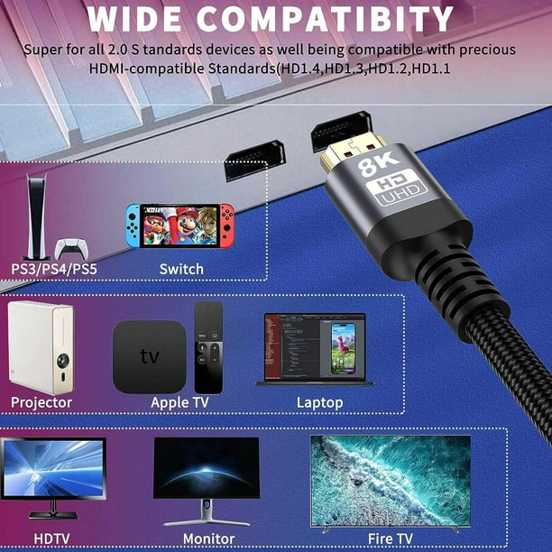 8K HDMI Cable 2.1, 1M/3.3FT Ultra HD Cable High-Speed Lead 48Gbps, HDMI Cables (8K@60Hz 7680x4320, 8K@120Hz) Supports Dynamic HDR, eARC, Dolby Atmos and More