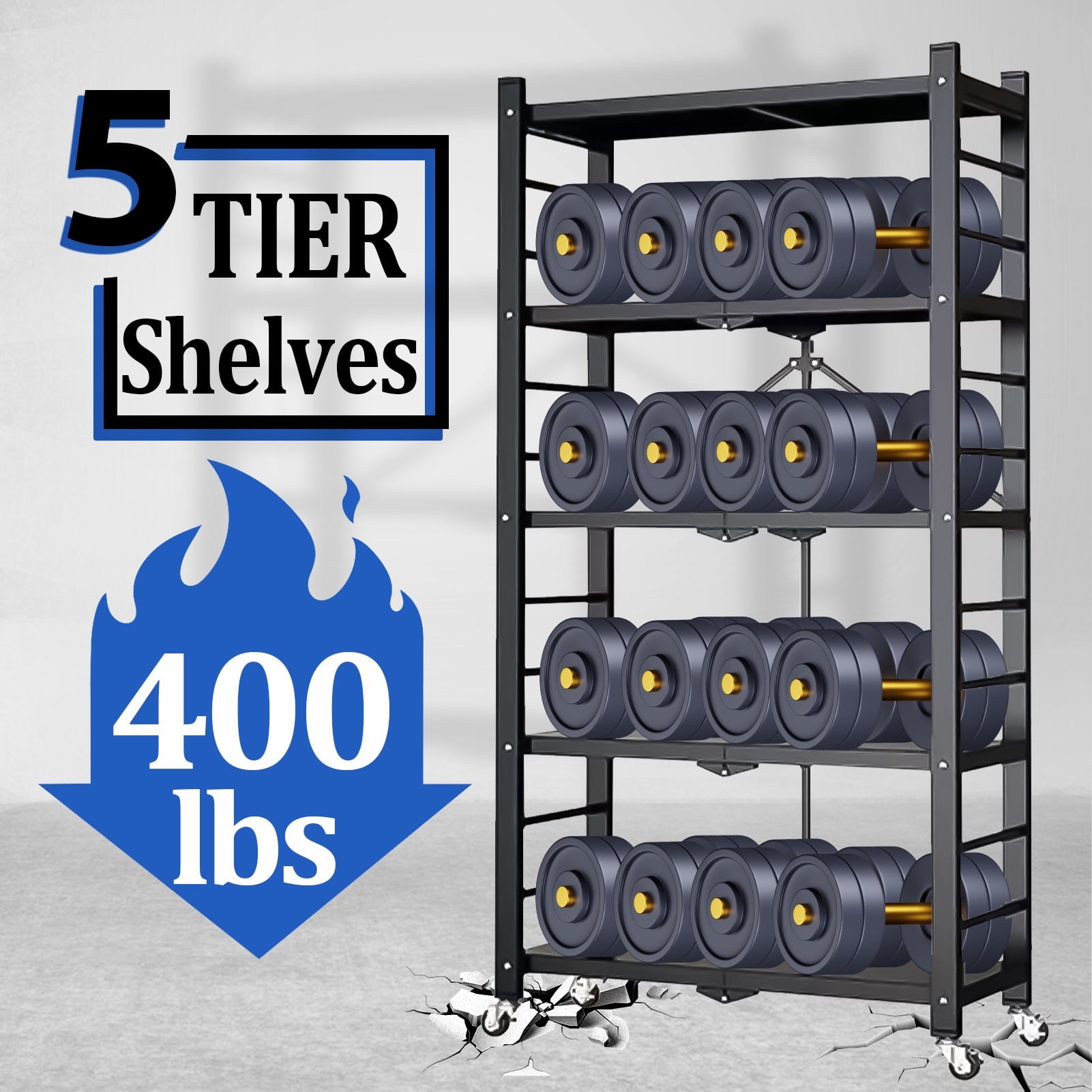 Foldable 5-Tier Metal Rack Shelving Unit, Heavy Duty Garage Storage Shelves, Easy to Move with Wheels, Ideal for Kitchen, Basement, and Pantry Organization, Black