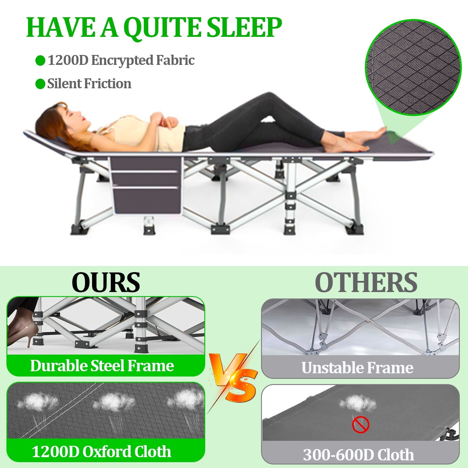 Durable Folding Camping Cot with Mattress for Adults - Portable 1200D Oxford Foldable Bed with Carry Bag - Ideal Sleeping Cot for Camping, Outdoor Travel, Grey