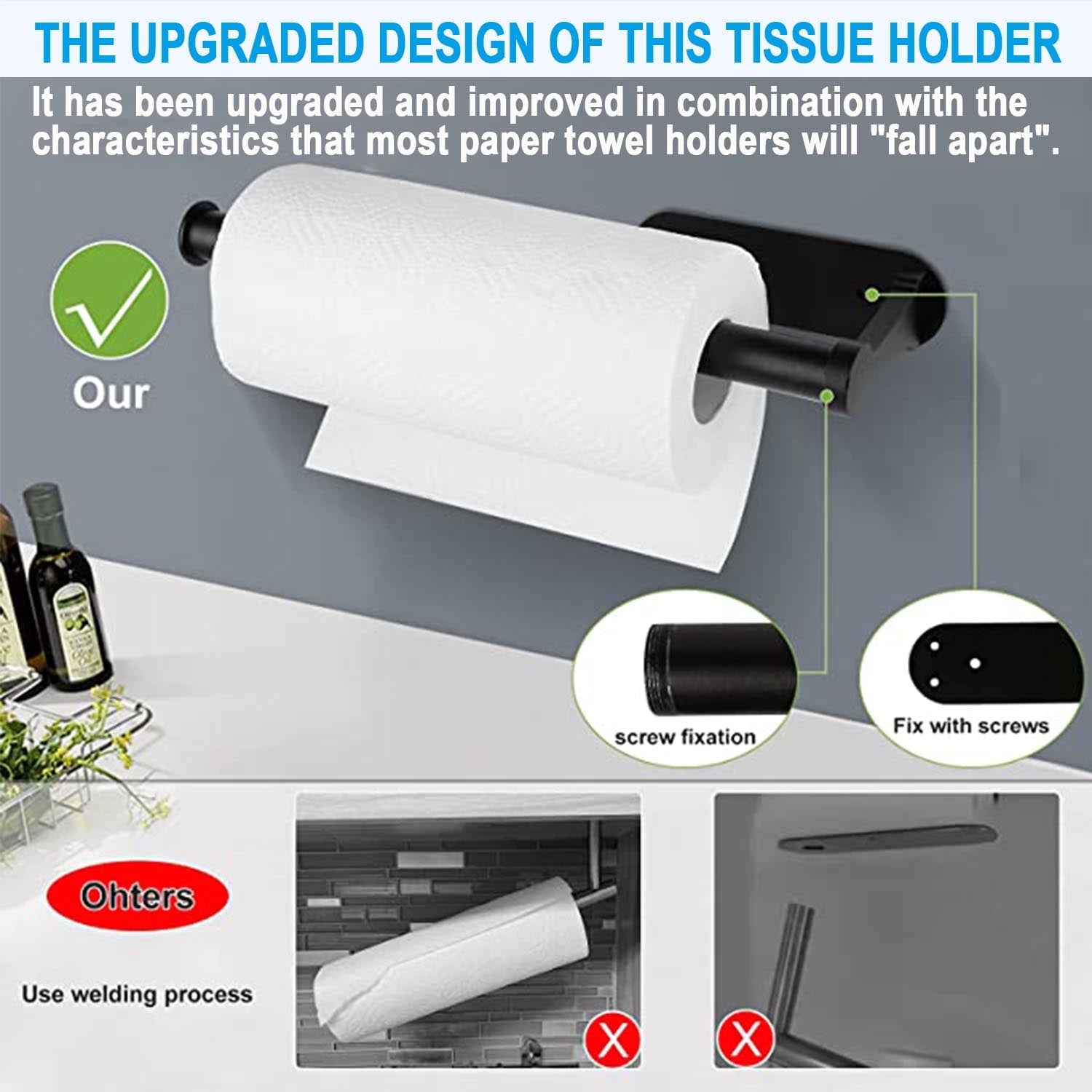 Paper Towel Holder with 2 Pack Adhesive Hooks, Under Cabinet Paper Towel Holder