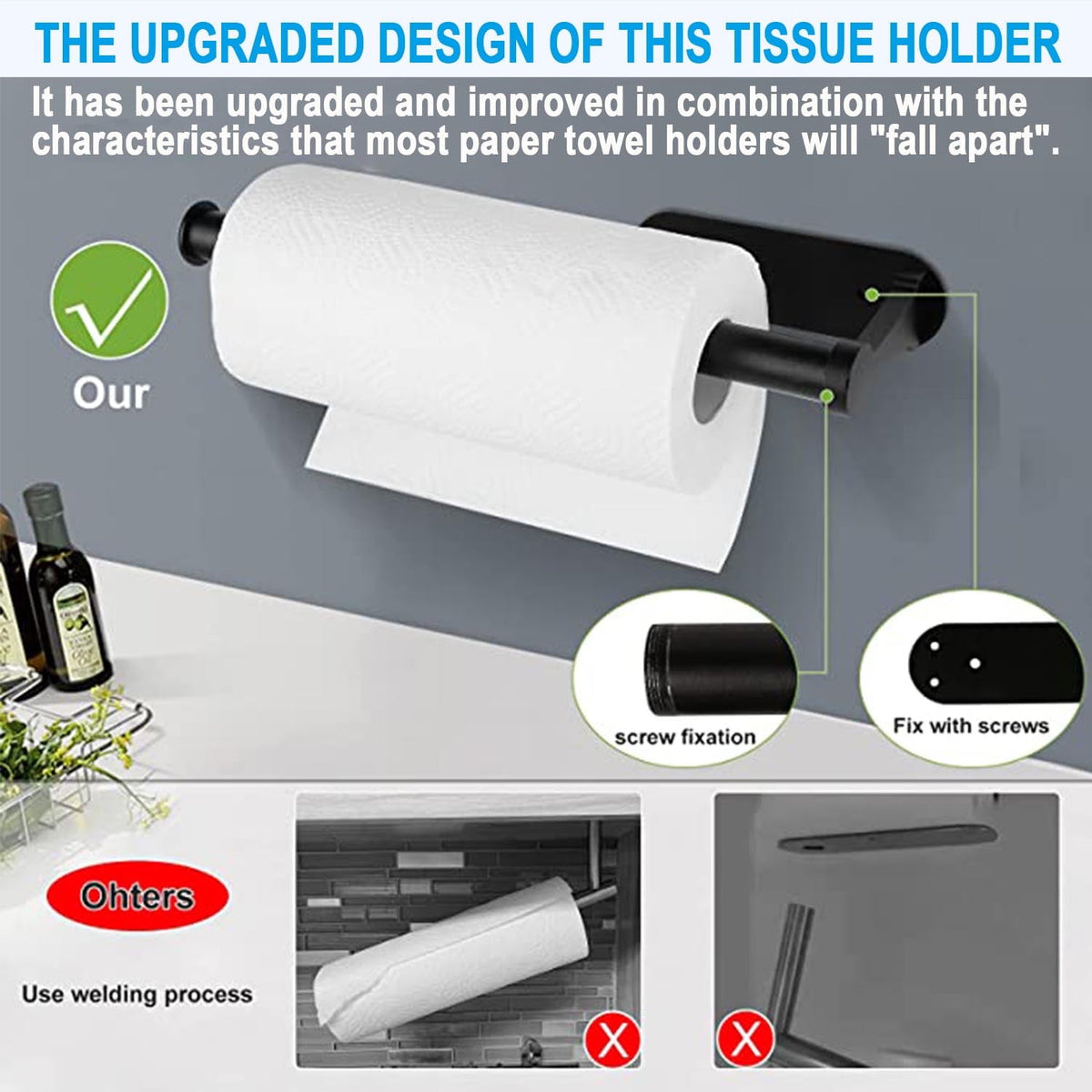 Paper Towel Holder with 2 Pack Adhesive Hooks, Under Cabinet Paper Tow ...