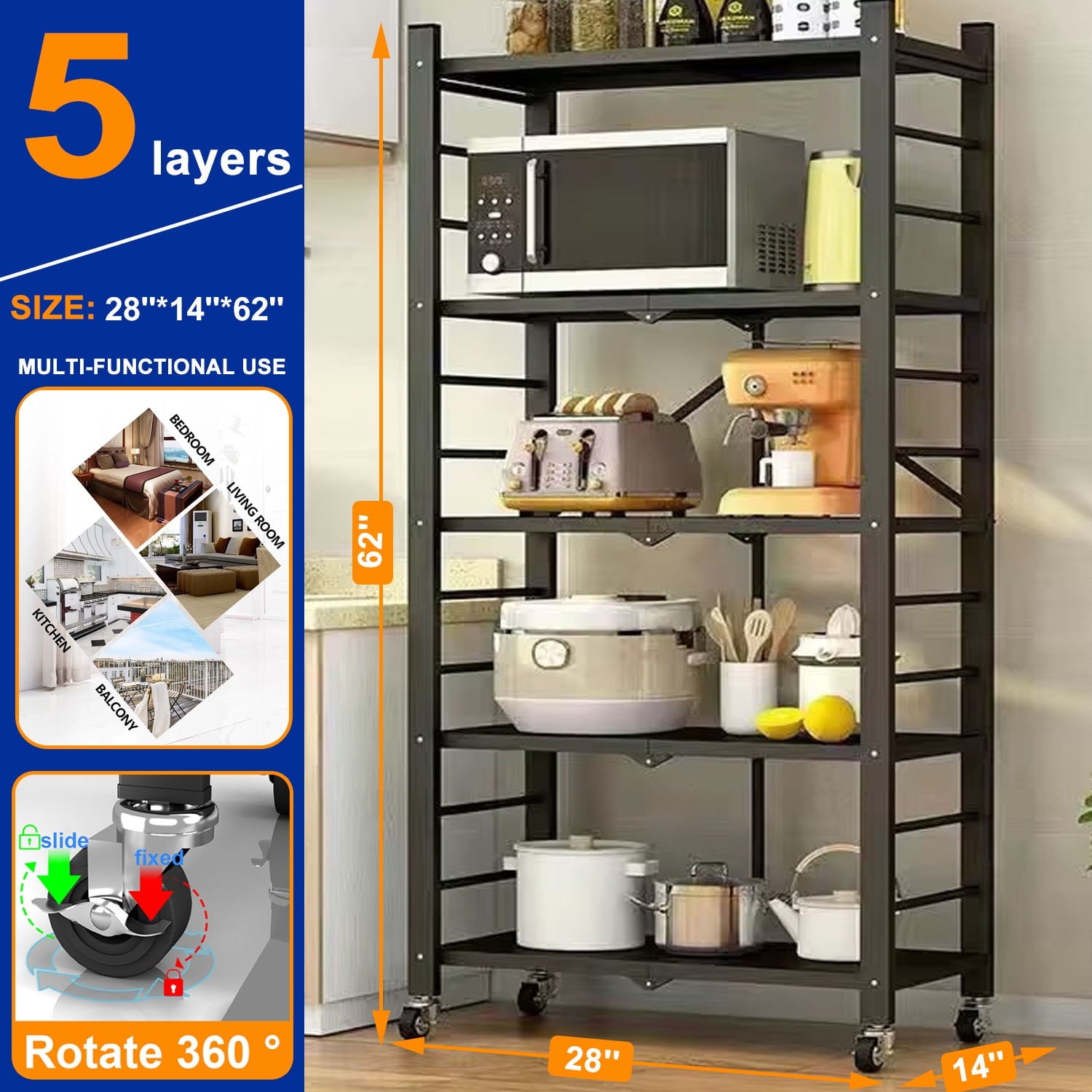 5-Tier Storage Shelving Unit, Metal Shelf, Foldable Storage Shelf with Wheels, Garage Shelf, Kitchen Shelf, 397lbs Capacity, Black