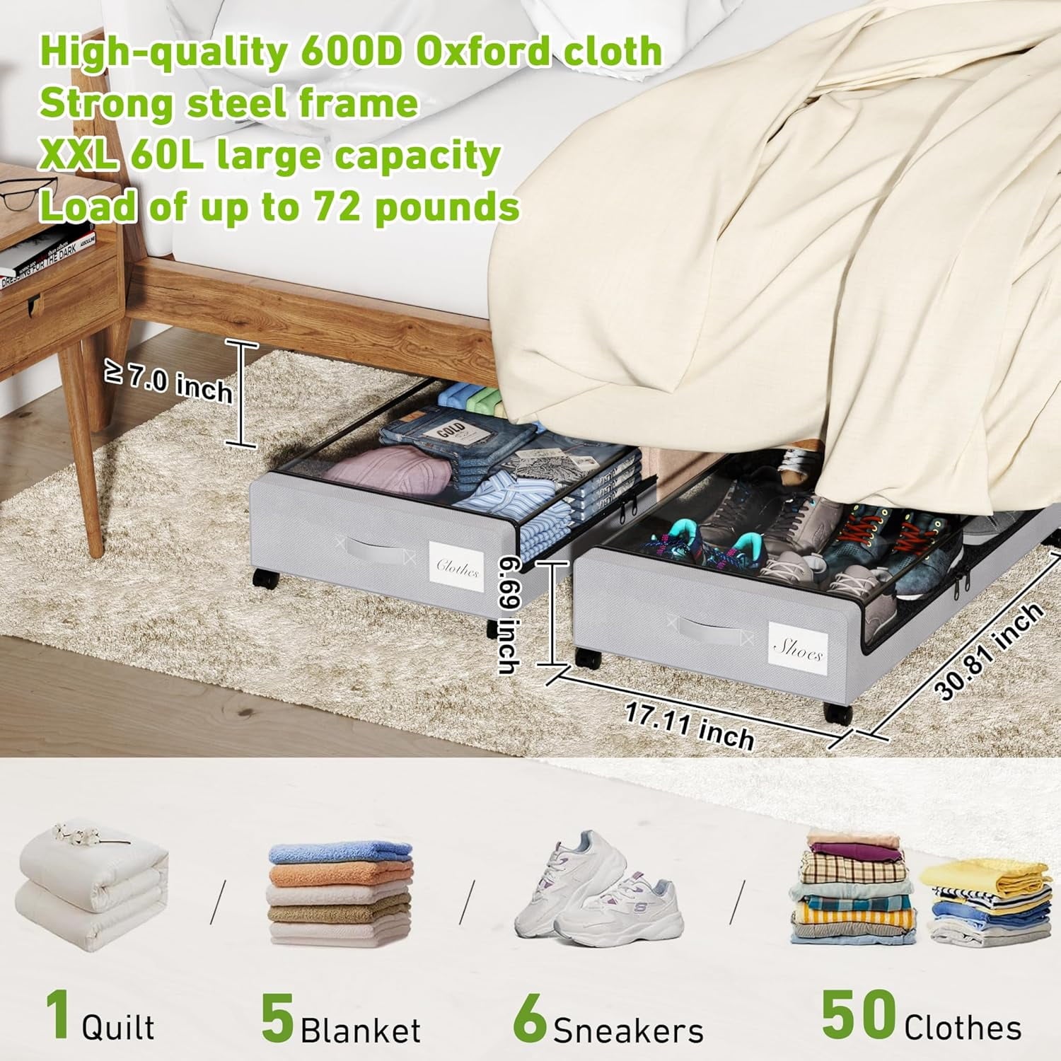 Under Bed Storage with Wheels, 2Pack Under Bed Storage Containers, Under Bed Shoe Storage Organizer, Rolling Under Bed Metal Drawer for Clothes, Blankets