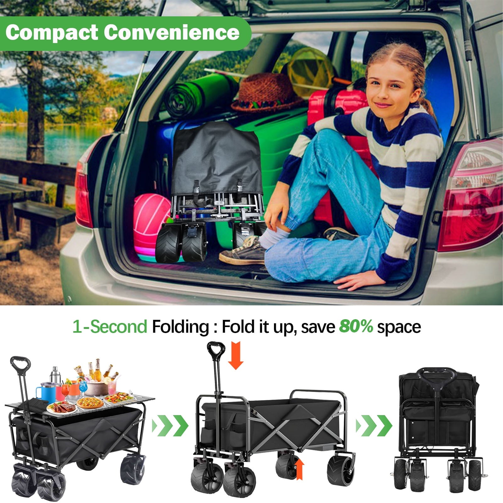 Foldable Wagon Cart with Aluminum Table Plate, 360° Rotating Wheels for All Terrain, 350LBS Heavy Duty Shopping Cart for Grocery, Beach, and Outdoor Adventures