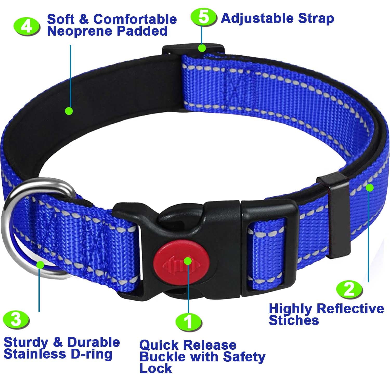 HKEEY Dog Collar, Reflective Adjustable Basic Dog and Cat Collar with Soft Neoprene Padding, Durable Nylon Pet Collars for Puppy Medium Large Dogs17.7-27.5