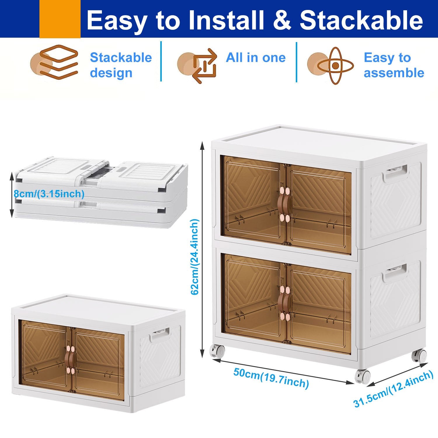 Collapsible Storage Bins Organizer with Lids and Wheels,Plastic Folding Storage Box with Doors,Storage Cabinet Open front Organization and Storage Bins