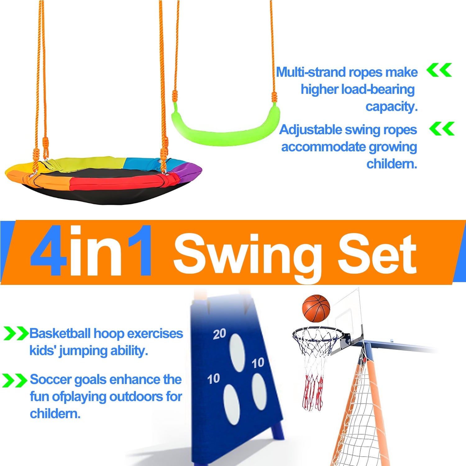 Swing Sets for Outside,A-Frame Swing Set with Basketball Hoop & Soccer Goal