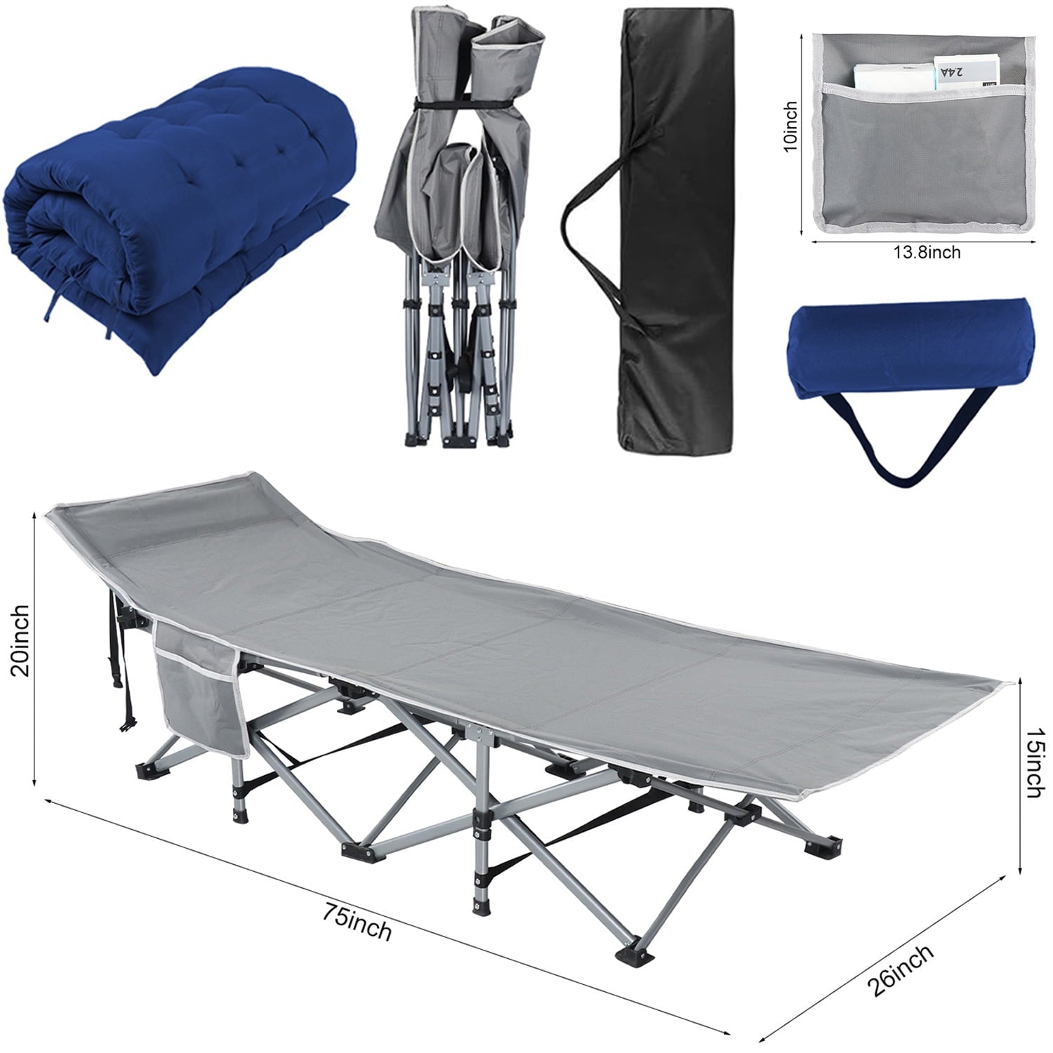 FanJi Folding Bed Cot with Pillow, 3.3 Inch 2 Sided Mattress, 75"* 28" Folding Sleeping Cot Guest Bed, Folding Camping Cots with Carry Bag,Dark Blue