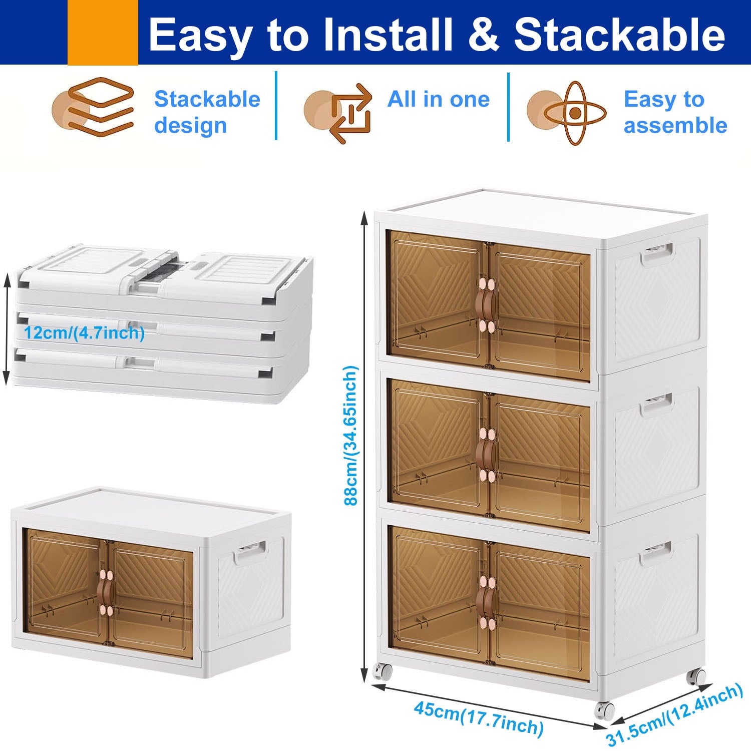 Musment Stackable Plastic Storage Bins Organizer, Folding Storage Bins with Doors,Collapsible Storage Cabinet Open front Organization and Storage Boxes for Home, Pantry, Office, Dorm Room