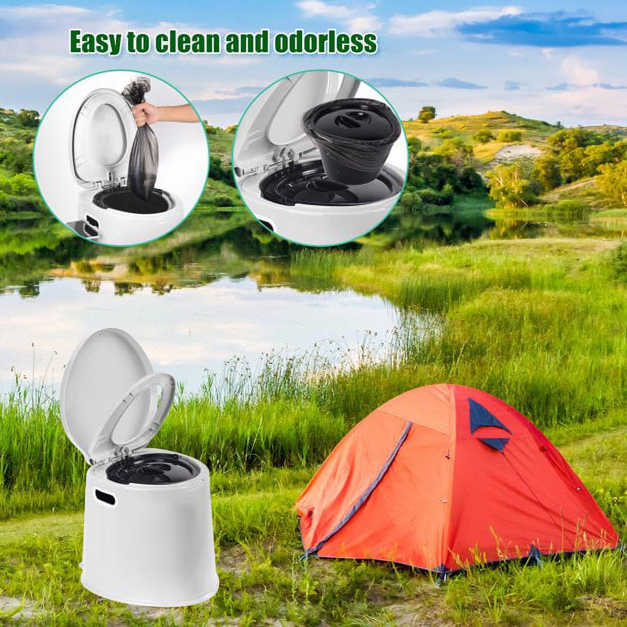 Portable Camping Toilet with Detachable Inner Bucket and Removable Toilet Paper Holder - White
