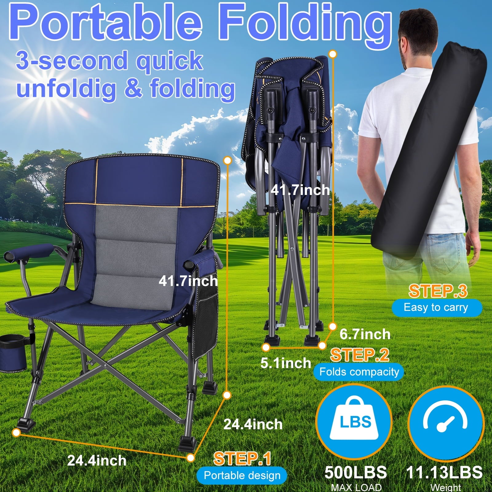 Camping Chair with Padded Hard Armrest, Sturdy Folding Camp Chair with Cup Holder, Storage Pockets Carry Bag Included